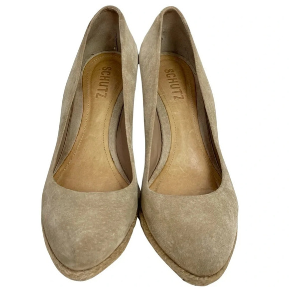 Schutz Espadrille Wedges Shoes Womens 6.5 Nude Tan Neutral Suede Heels Round Toe - Picture 3 of 9